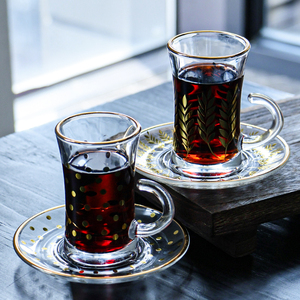 Tazza da caffè in vetro <span class=keywords><strong>di</strong></span> tacchino classica classica placcata in oro moderna tazza da tè in vetro retrò con piattino Set - Product Image 1