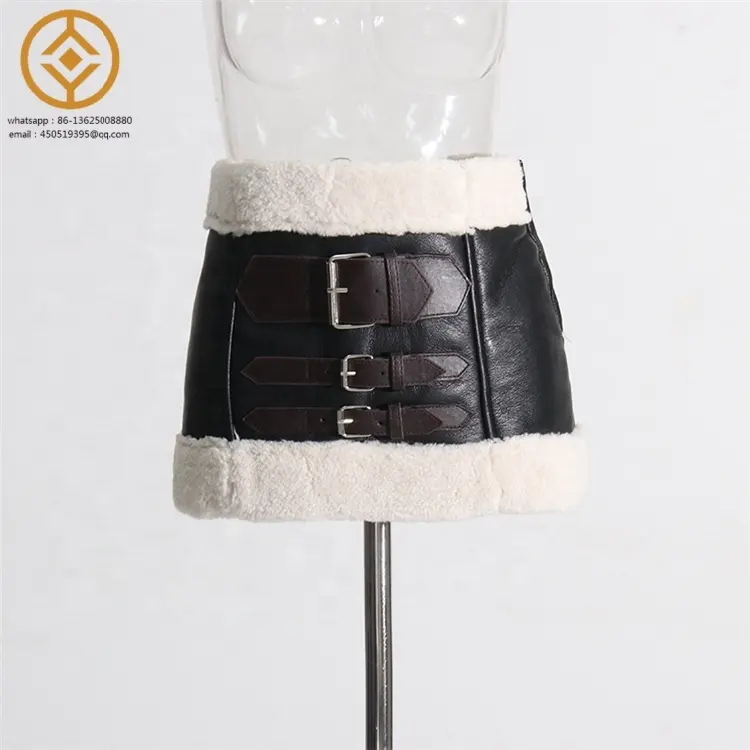 H9808C Fashion Women's Woolen Edge Multi Belt Leather Skirt 2023 Winter New Items High Waist Wrap Skirts Female Trendy