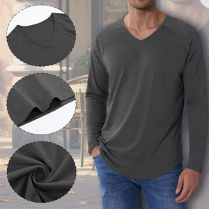 T-shirts pour hommes à manches longues, <span class=keywords><strong>col</strong></span> en <span class=keywords><strong>V</strong></span>, légers, sous-<span class=keywords><strong>v</strong></span>êtements, ourlet incurvé, décontractés, basiques, pour l'entraînement, vente en gros, personnalisables, en tissu Tri-Blend - Product Image 4