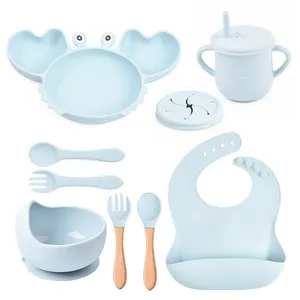 8-Piece Crab Tableware Silicone Baby Feeding Set Silicone Divided Plates With Suction Adjustable Bib Straw Sippy Cup