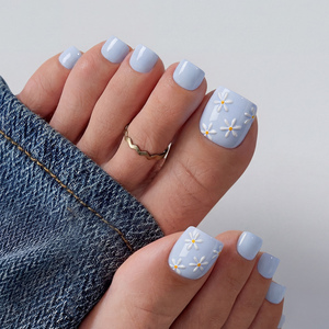เล็บปลอมสั้นทรงเหลี่ยมสำหรับฤดูใบไม้ผลิและฤดูร้อน ขายส่ง เจลนิ่มสีฟ้า ลายดอกไม้ 3 มิติ สวยงาม กดติดง่าย 30 ชิ้น - Product Image 1