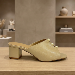 Sandales élégantes en cuir véritable beige à talon bloc, avec décoration de perles, bout ouvert, à enfiler, talon moyen, pour femme - Product Image 5