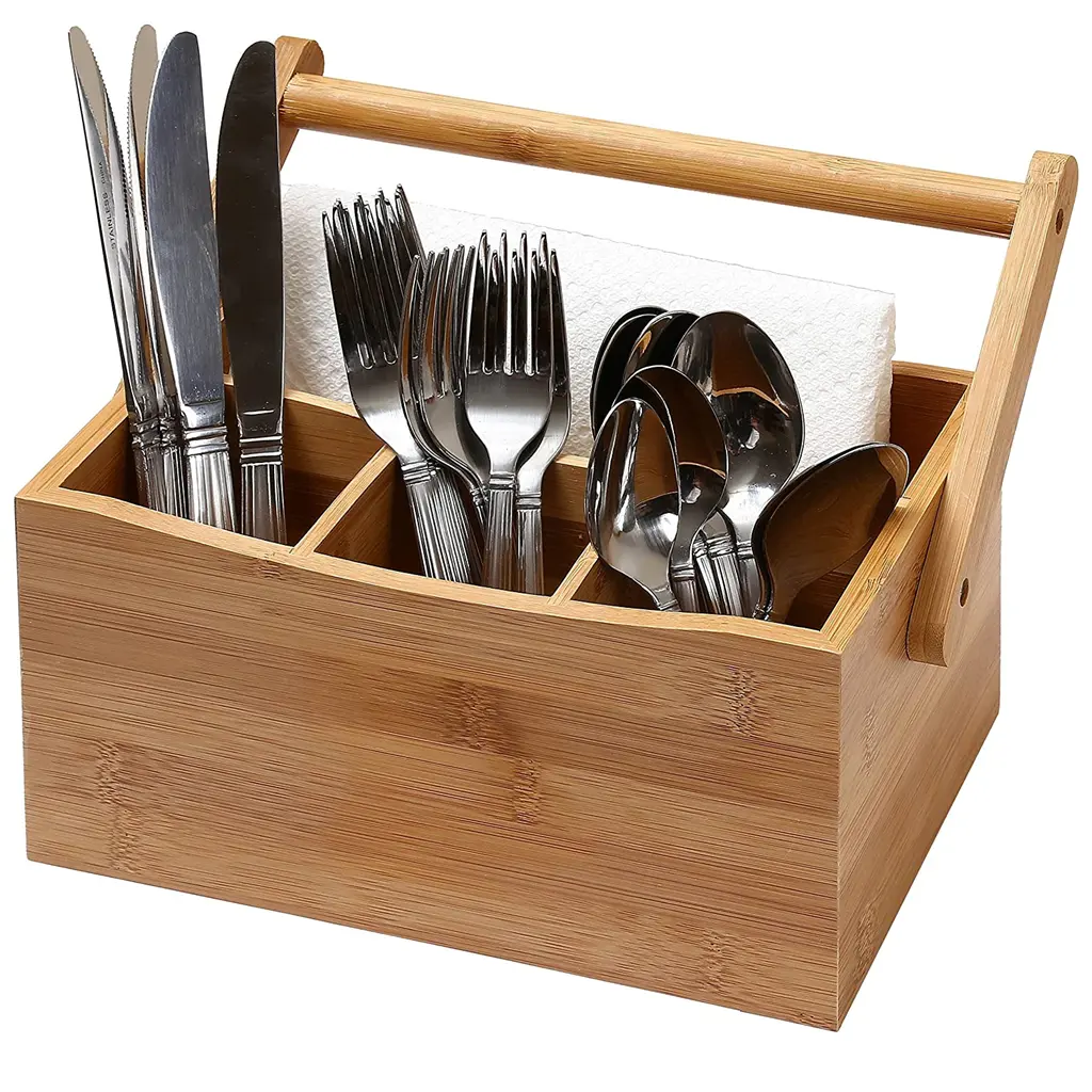 Home Bambus Besteck Utensil Caddy Holz Picknick korb mit Servietten halter und Griff für Küche und Camping Trip