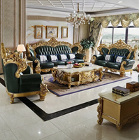 Ensemble de canapés de luxe haut de gamme pour villa, style minimaliste, cadre en bois massif doré sculpté à la main, cuir vert foncé capitonné, éponge, 1, 2, 3 places, pour hôtel
