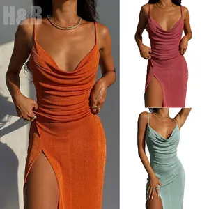 Women's Sleeveless Spaghetti Strap Satin Dress Cocktail Beach Evening Party sexy midi dress