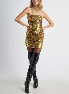 Vendita calda senza spalline in <span class=keywords><strong>oro</strong></span> plissettato abiti corti da donna Casual Sexy con paillettes vita naturale Mini moda da sera per feste - Product Image 2