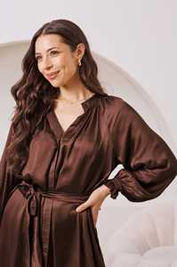 Abito midi da donna a maniche lunghe con polsini arricciati, scollo a V e cintura in vita, traspirante - Product Image 4