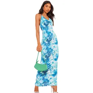 King Young Tall Blue Watercolour Cowl Neck Maxi Dress Halter Summer Dress