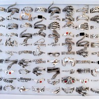 100 PIÈCES Bagues Vintage Punk Gothiques en Alliage, Argent et Noir, Motifs Dragon Chinois, Serpent, Griffe de Dragon, Aile, Ouvertes et Ajustables