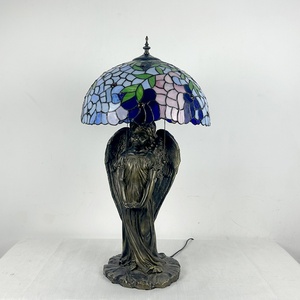 LongHuiJing European <b>Simple</b> for Lamp Stained Glass Bedside Table Lamp Wisteria Blue Style Reading <b>Desk</b> Light With Angel Base LED - Product Image 4