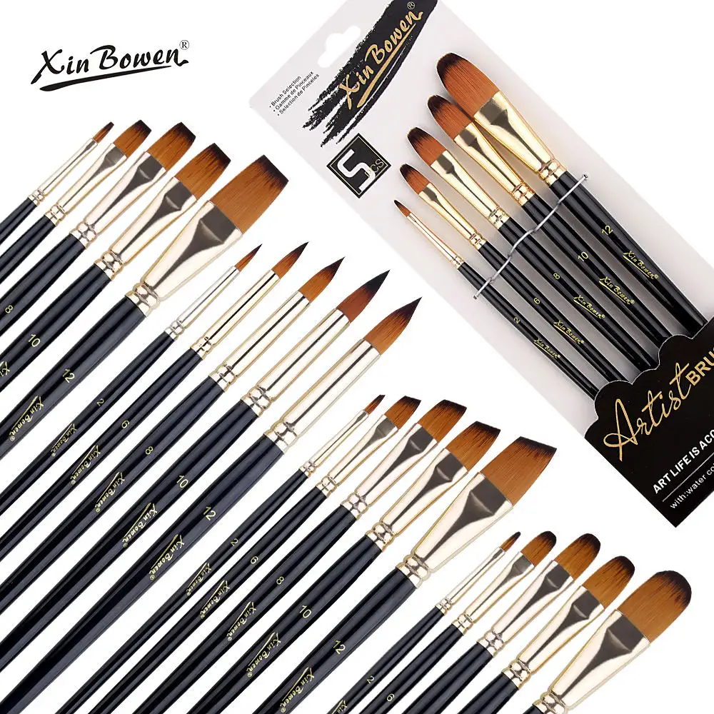 Xin Bowen 5 Pcs Black Gouache Watercolor Paint Brushes Watercolor Oil Painting Artist Brush Set For Art Painting