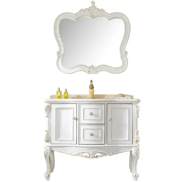high -end quality Antique European design washroom vanity with mirror and in solid oak wood finish