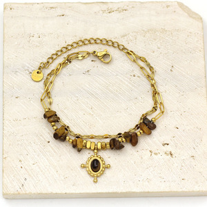 Pulsera Vintage de Acero Inoxidable Chapado en Oro con Piedra de Tigre y Cuentas de Piedra Natural Triturada, con Colgante de Ojo - Product Image 2