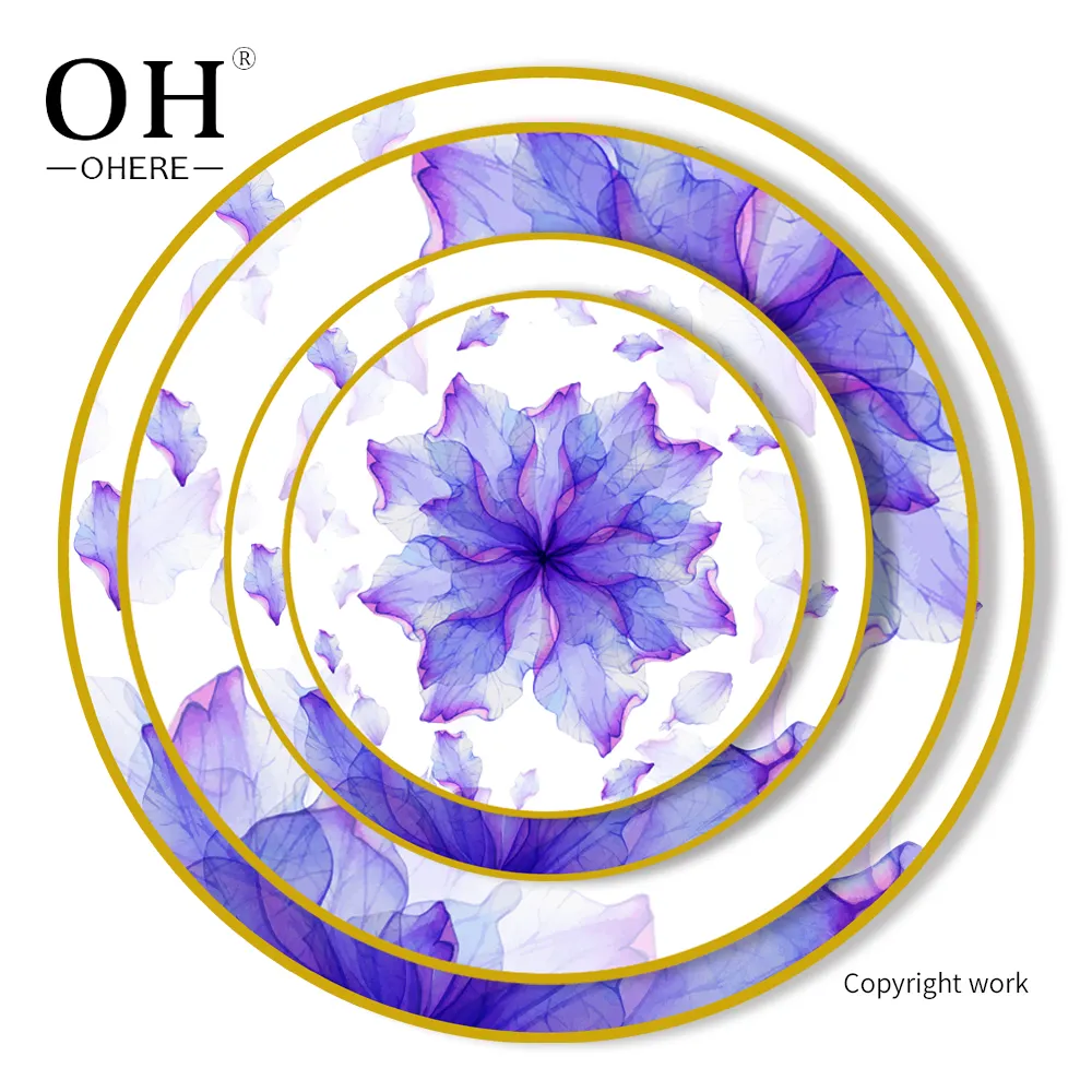 Custom logo ceramic plates dishes new high-end luxury violet gold rim cheap price charger plate for wedding dinnerware sets