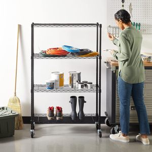 Étagère à fils robuste à 4 niveaux réglable, adaptée aux cuisines et aux garages, support noir - Product Image 5