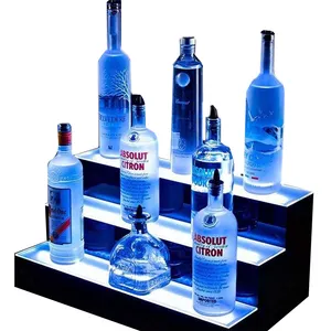 Barra de 3 niveles personalizada, soporte de exhibición Led RGB acrílico para botella de vino, licor y Vodka