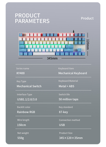 KY400 87-Key RGB LED Backlit Mechanical Gaming <b>Keyboard</b> Wired <b>USB</b> Blue Switches for PCs Made Plastic RGB LED Mechanical Gaming K - Product Image 6