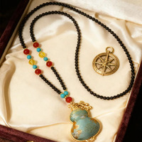 Collier pendentif gourde chinoise traditionnelle, breloque calabash émaillée avec perles multicolores, collier en onyx noir
