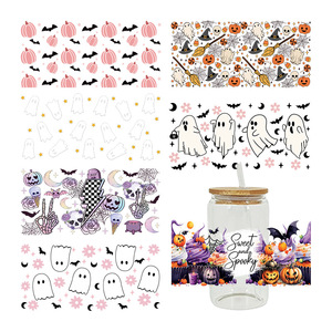 Autocollants UV DTF pour bouteilles Snow Glow 16oz, thème Halloween ludique, petits fantômes dorés mignons, et enveloppes de tasses UV DTF pour maman - Product Image 1