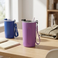 Gobelet isotherme en acier inoxydable 304 avec paille et cordon, tasse sous vide 450 ml, mug à café portable pour voyage en extérieur, cadeau