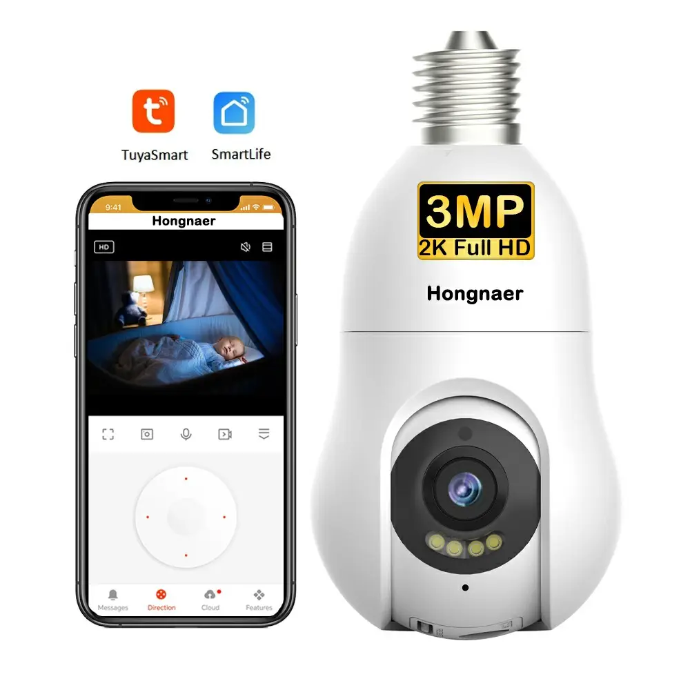 Hongnaer 3MP sorveglianza Wireless WiFi E27 Tuya APP per interni Smart Home PTZ telecamera IP 360 WiFi sicurezza CCTV Tuya lampadina fotocamera
