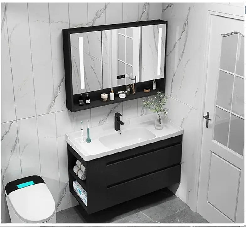 Armoire de salle de bain Lavabo avec évier Miroir intelligent Porte en verre Salle de bain Lavabo Armoire intégrée Meubles de maison Noir