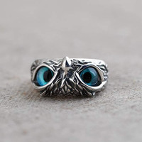 Nouveau Design de bijoux anneaux de doigt de mode ouverts réglables Vintage Animal maléfique yeux bleus anneaux de hibou pour femmes hommes
