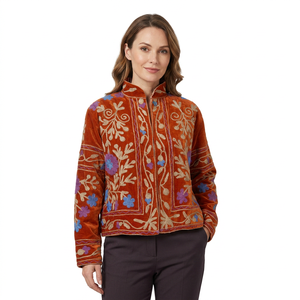 Multicolor Suzani Embroidered Hand Drawn Floral Printed Breathable Autumn Winter Cotton Velvet <b>Coat</b> Full Sleeve Open Front - Product Image 1