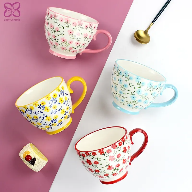 Porcelain Espresso Milk Water Tea Oatmeal Cup with Grip Wholesale Flower 460ml Ceramic Coffee Mug