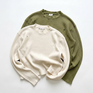 T-shirt a <span class=keywords><strong>maniche</strong></span> <span class=keywords><strong>lunghe</strong></span> in cotone lavato effetto distressed, girocollo, personalizzabile con grafiche stampate DTG, magliette termiche a nido d'ape da uomo - Product Image 2