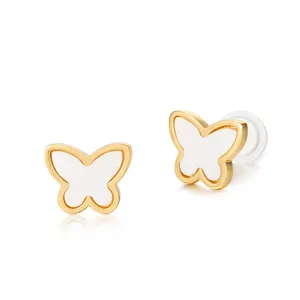 Dainty gold 925 silver white agate butterfly gemstone stud earrings