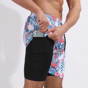 summer quick dry sublimation print men's double liner swim shorts for swimming