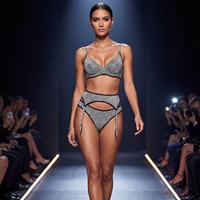 Ensemble de lingerie haut de gamme 3 pièces pour femme en dentelle respirante argentée scintillante, avec fermeture arrière, soutien-gorge à armatures et culottes triangle