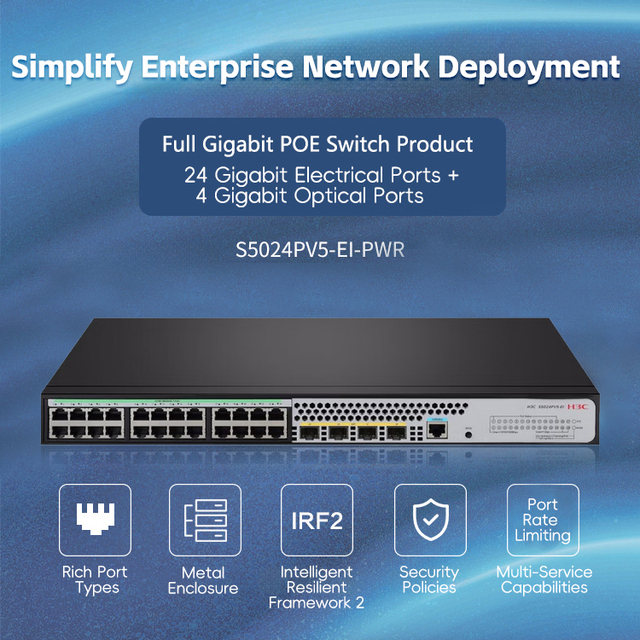 H3C S5024PV5-EI-PWR Managed Switch POE+ Gigabit 28-Port 336Gbps 96Mpps with QoS VLAN SNMP SFP Ports