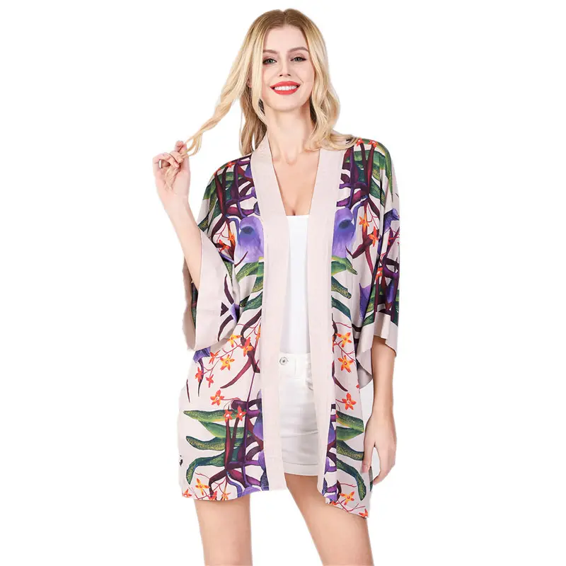 Grosir Desain Kustom Cetak Digital Pakaian Pantai Menutupi Jubah Kimono Wanita Gaun Kardigan Terbuka Depan