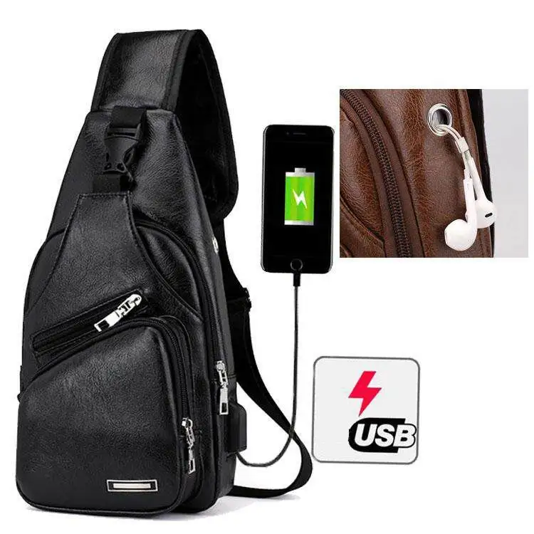 Cheap PU Leather Sling Bag with USB Charging Earphone Hook Men Chest Bags Wholesale Bags Supplier