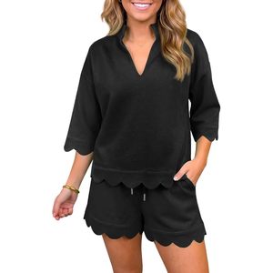Custom Women's <b>2</b> <b>Piece</b> Short Set Summer Casual Lounge Outfit V Neck Top Drawstring Shorts Solid Color Polyester Cotton Above - Product Image 1