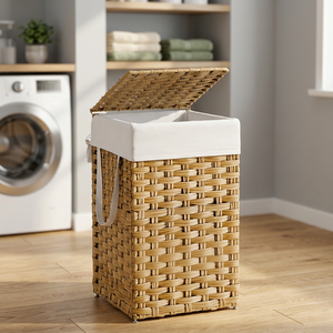 Panier de rangement rectangulaire en jacinthe d'eau naturelle avec couvercle et poignée pour l'organisation du linge, style rustique - Product Image 2