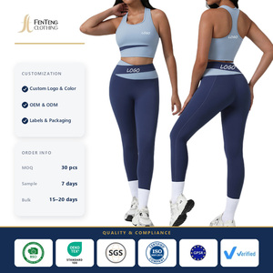 Ensemble de yoga brossé avec coussinets amovibles, soutien-gorge de sport dos nageur, leggings taille haute effet ventre plat color block, vente en gros OEM/ODM de vêtements de sport - Product Image 1