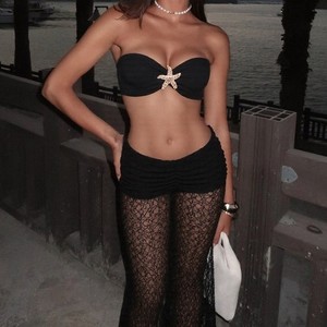 New Women's Solid Color <b>Sexy</b> Tie Breasted Top Lace Long Skirt 2 Piece <b>Set</b> Fashion - Product Image 4