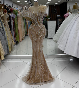 Robes de Célébrité Personnalisées 2025 à Plumes Champagne, Robes de Soirée Luxueuses Ornées de Perles et Cristaux pour Anniversaire, Fête ou Fiançailles - Product Image 1