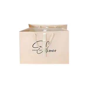 Custom Luxury Ribbon Handle Saco De Embalagem De Compras De Papelão Branco Sacos De Presente De Papel Impresso Personalizado Com Seu Próprio Logotipo