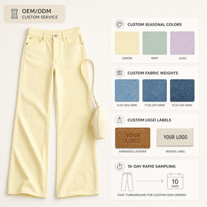 OEM Factory Custom Pale <strong>Yellow</strong> Baggy <strong>Jeans</strong> for <strong>Women</strong> High Quality Cotton Wide Leg Denim Pants Streetwear - Product Image 1