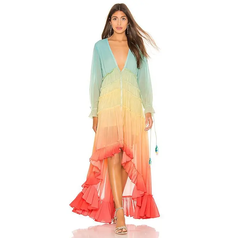 2021 Hot Sale Women's Fashion Boho Design Tie Colorful Ladies Sexy Casual Dress