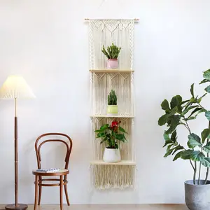 Grosir menggantung organizer permadani-Hiasan Dinding Permadani Macrame dengan Rak Penyimpanan Kayu Ruang Tamu Balkon Rak Pot Tanaman Bunga Rak Buku Berdiri Organizer Dekorasi Rumah