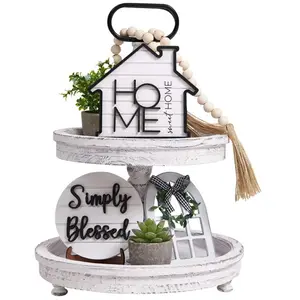 New Arrival Serving Farmhouse 2 Tiered Wooden Tray Wood Tiered Tray Decor