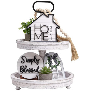 Nova Chegada: Bandeja Redonda de Madeira Ecológica de 2 Níveis Estilo Art Déco com Decoração Personalizada em Cores Rústicas para Todas as Ocasiões - Product Image 1