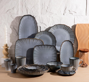 Customizable Vintage Blue Grey Fluted Ceramic Dinner Set, Embossed Stoneware Tableware, Bulk Wholesale for Modern Kitchen/Gift - Product Image 1