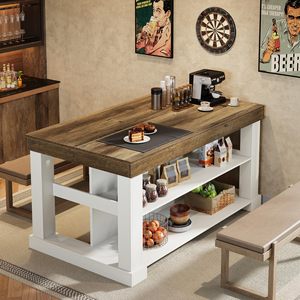 SENYU Wood Kitchen Island <b>Table</b> with Rustic Top and White Base, Multi-Functional Storage Shelf for Modern Kitchen - Product Image 4
