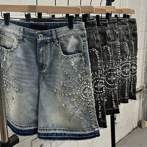 Novo <span class=keywords><strong>2026</strong></span> Personalizado 100% Algodão Shorts <span class=keywords><strong>Jeans</strong></span> Masculino com Joelho Duplo, Desgastado, Lavagem Ácida, Estilo Baggy e Strass - Product Image 1